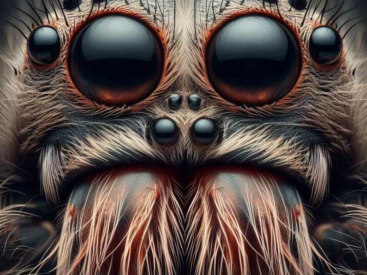 Close-up of a tarantula's fangs and eyes