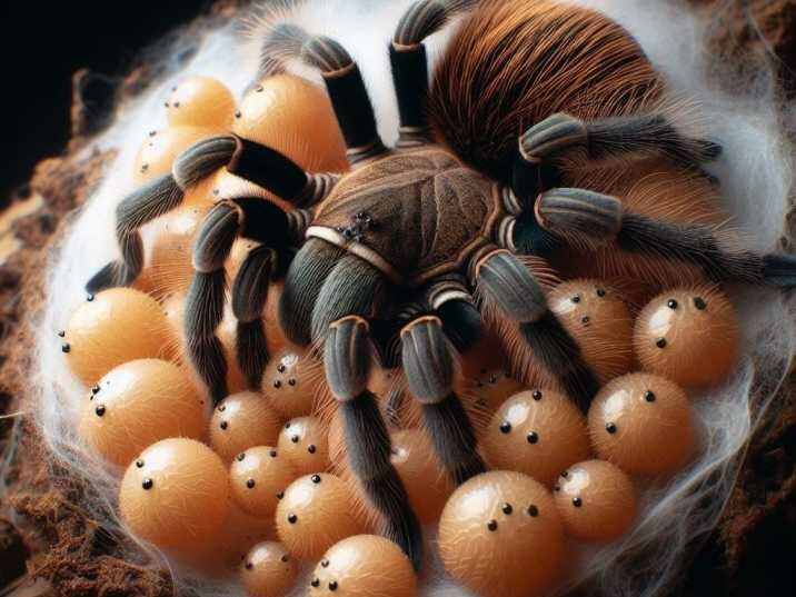 A female tarantula creating an egg sac with silk