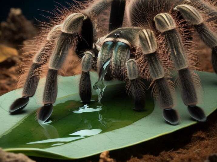 Tarantula using its chelicerae to drink water from a leaf.